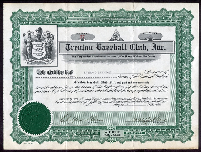 1943 Trenton Baseball Club Stock Certificate