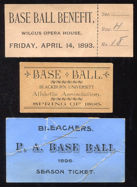 1890s Baseball Ticket Lot of 3 Different