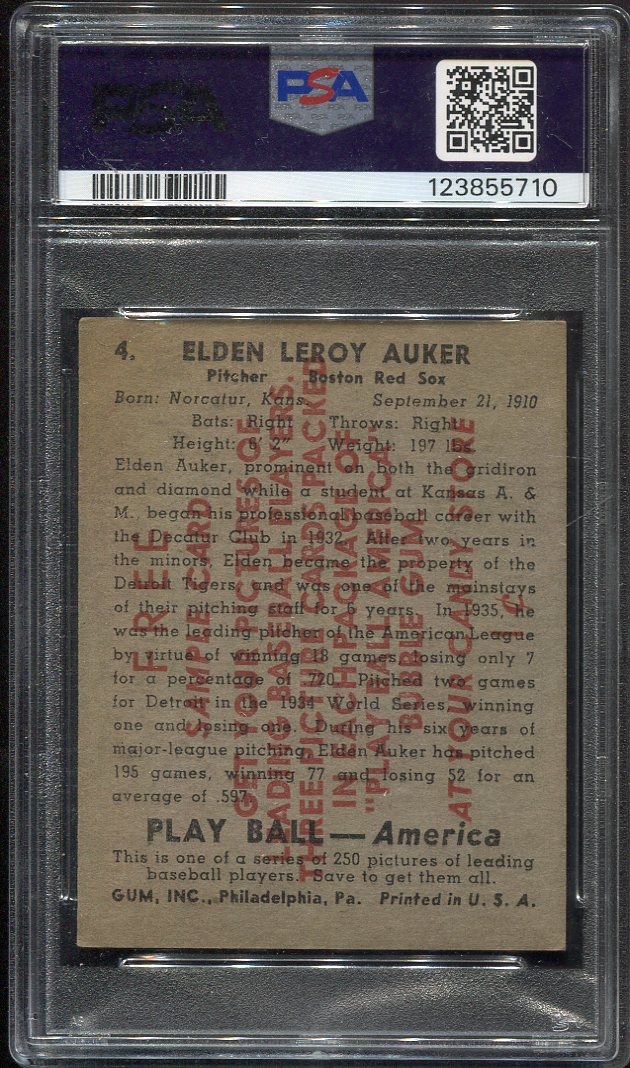 Lot Detail - 1939 Play Ball #4 Eldon Auker SAMPLE Card PSA 4